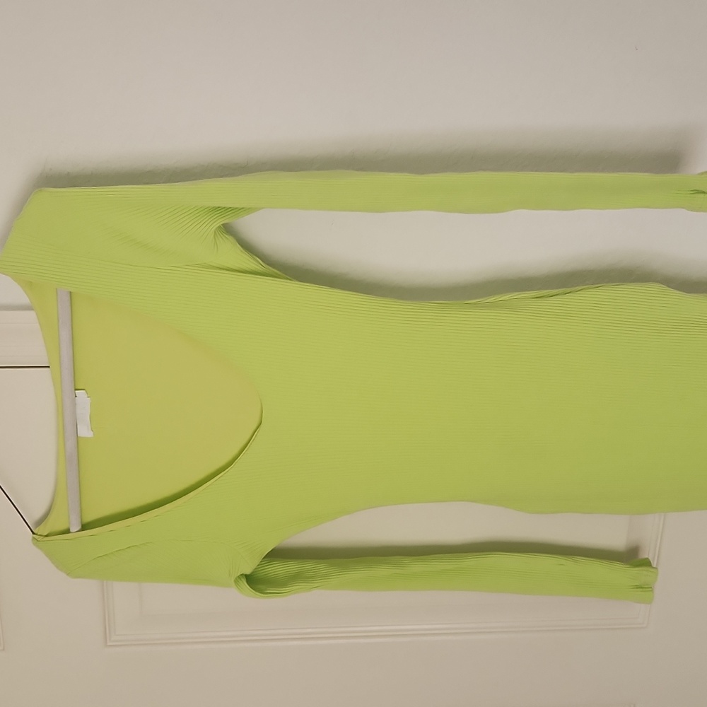 Meshki Ribbed Bodycon Midi Longsleeved Lime Green Dress Size Medium - Picture 7 of 11